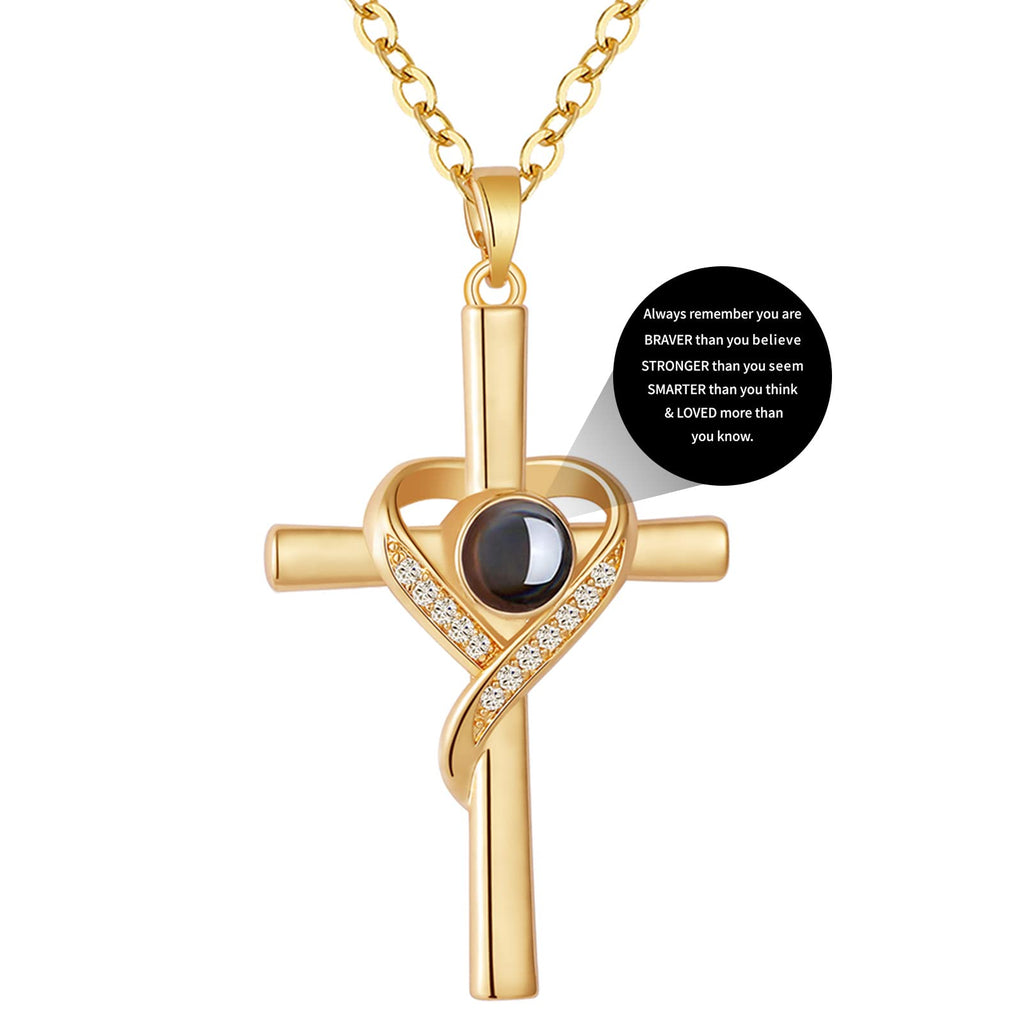Avotto Cross Necklace for Women Projection Chain Pendant Religious Christian Baptism First Communion Confirmation Heart Jewelry Gifts Always Remember Graduation Gifts Her Gold