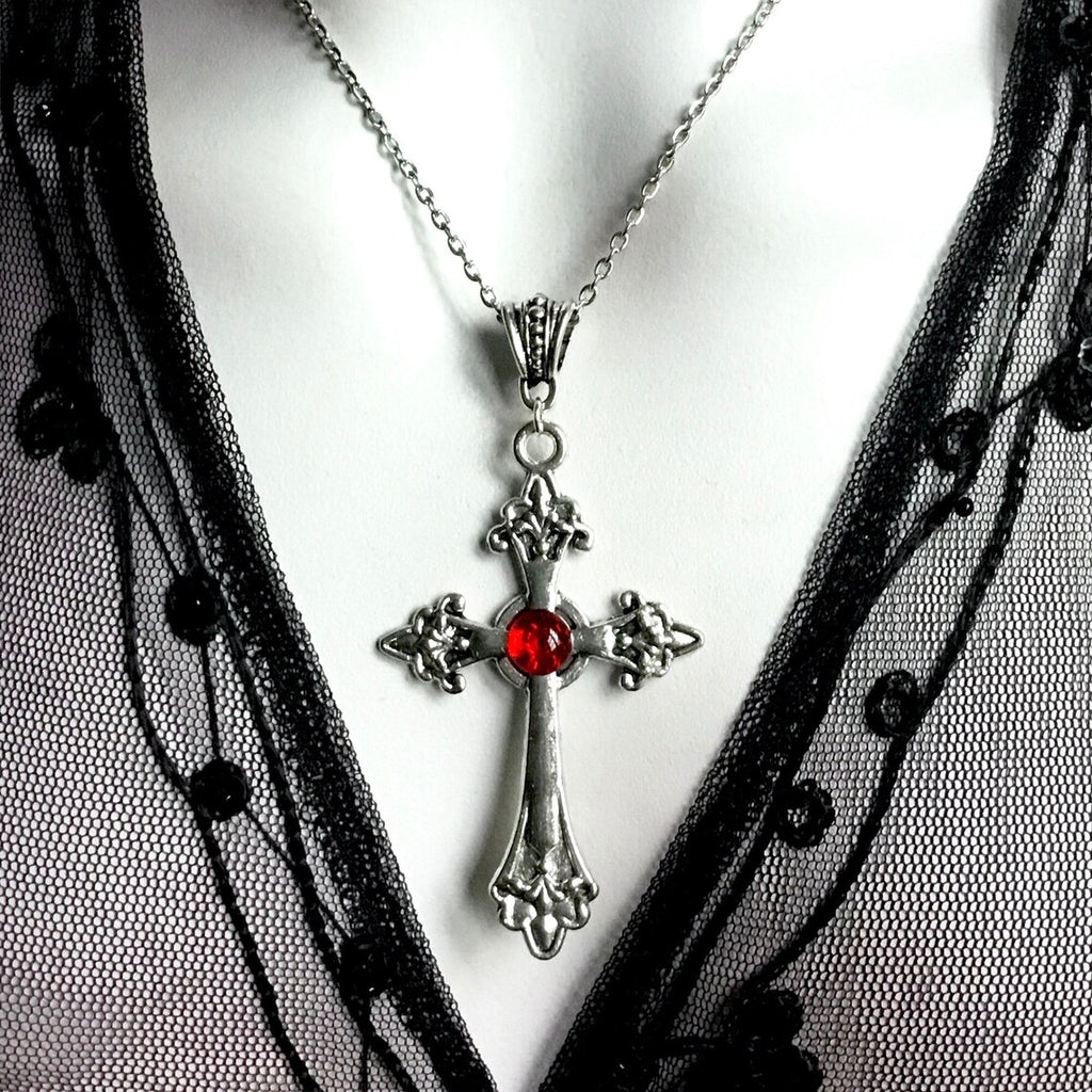 Large Silver Baroque Christian Cross Necklace with Crystals