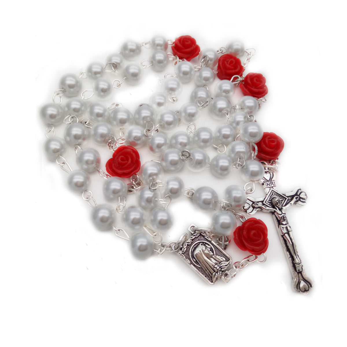 Cross-Border Pearl Rose Bead Necklace with Cross